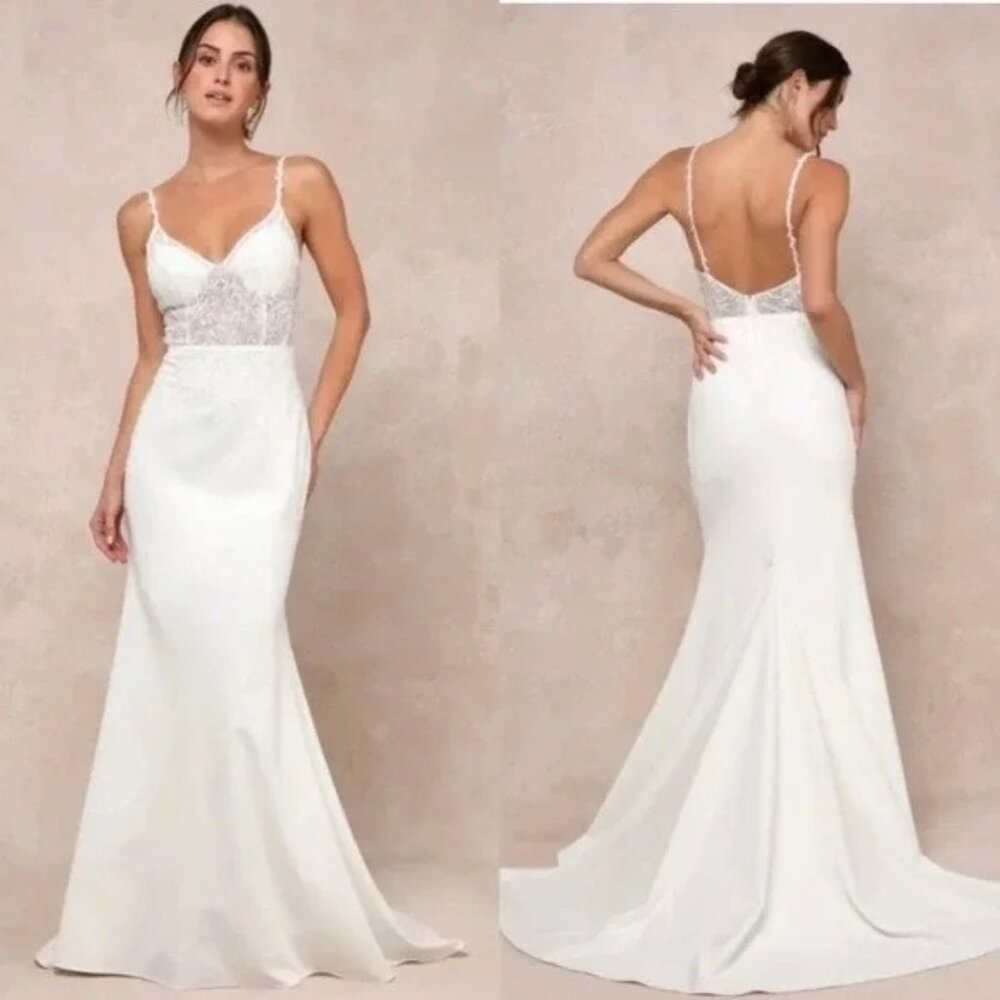 Lulus Infinite Adoration Ivory Beaded Embroidered Lace Maxi Wedding Large NWOT